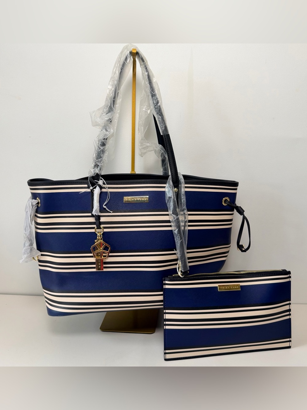 Trina Turk Blue Stripe Large Tote with Wristlet Nautical Faux Leather Summer